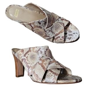 Snake print swifty mule sandals cream and brown block heel slip on sandal size 7